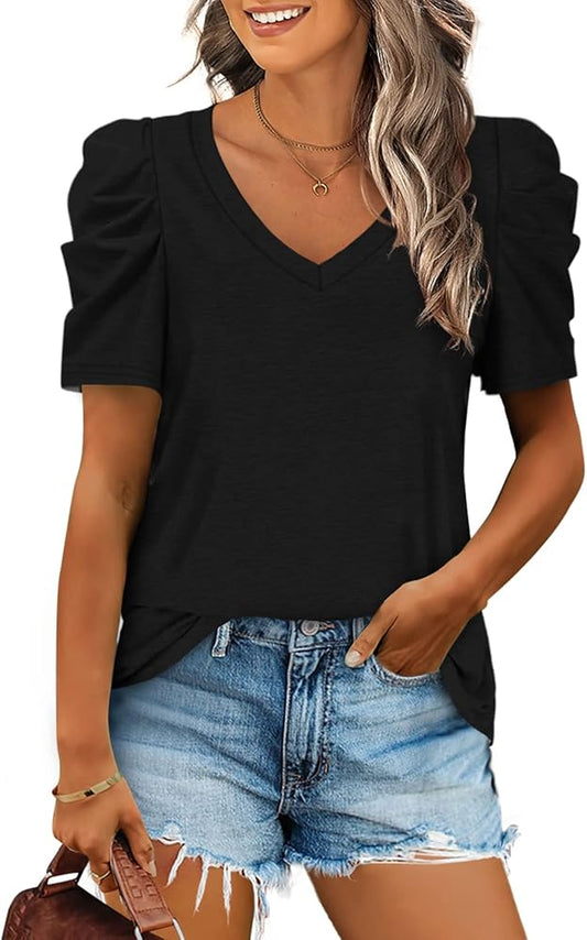 Womens Summer Shirt V Neck Casual Tshirts Puff Sleeve Tops for Women Solid Color XS-3XL